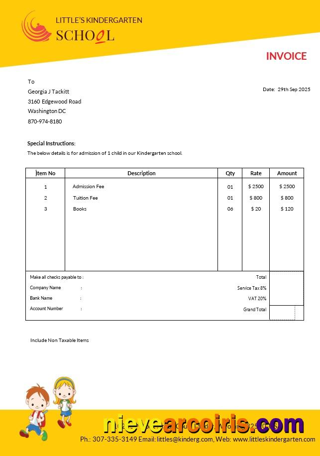 Kindergarten School Invoice